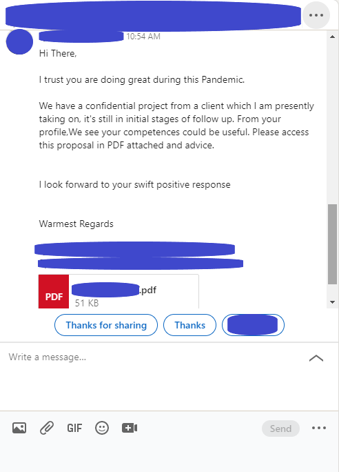 An example of the phishing message being sent on LinkedIn
