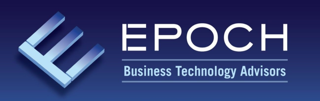 Epoch, Inc. Logo with white text and a Blue "E" symbol on a darker blue background